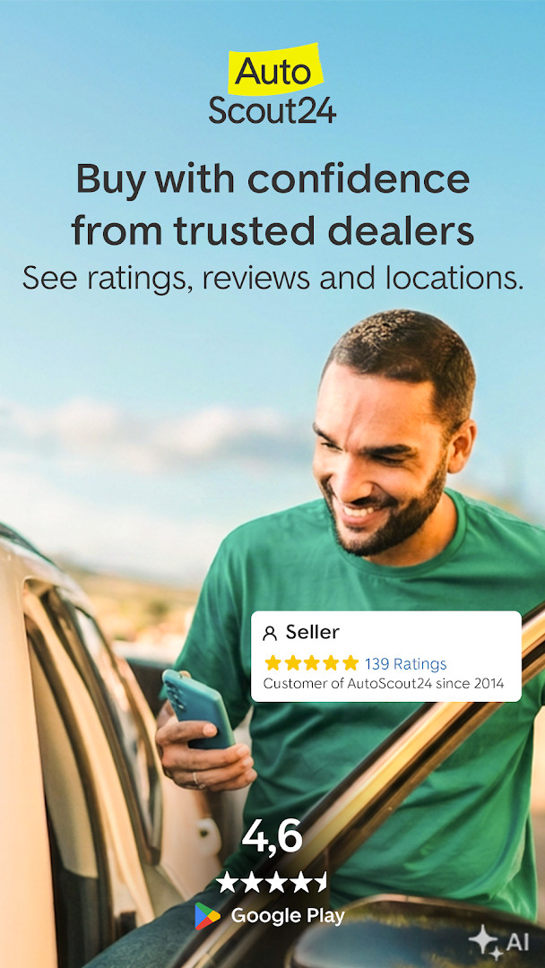 Home screen showing featured vehicle listings and search options
