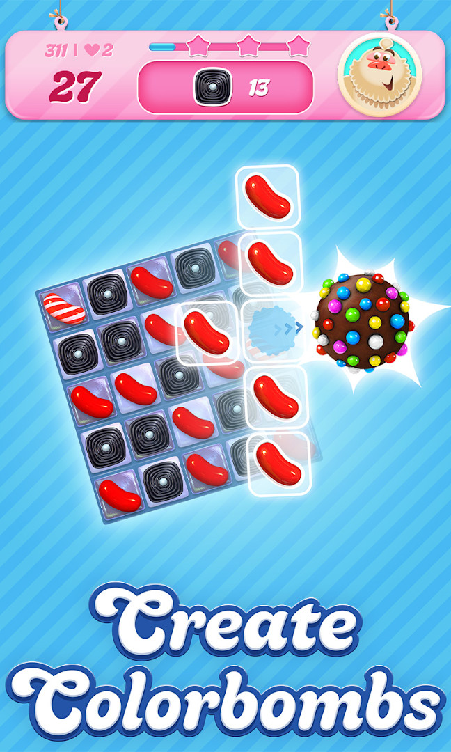 Candy Crush Saga main menu: colorful candy board with level map and play button.