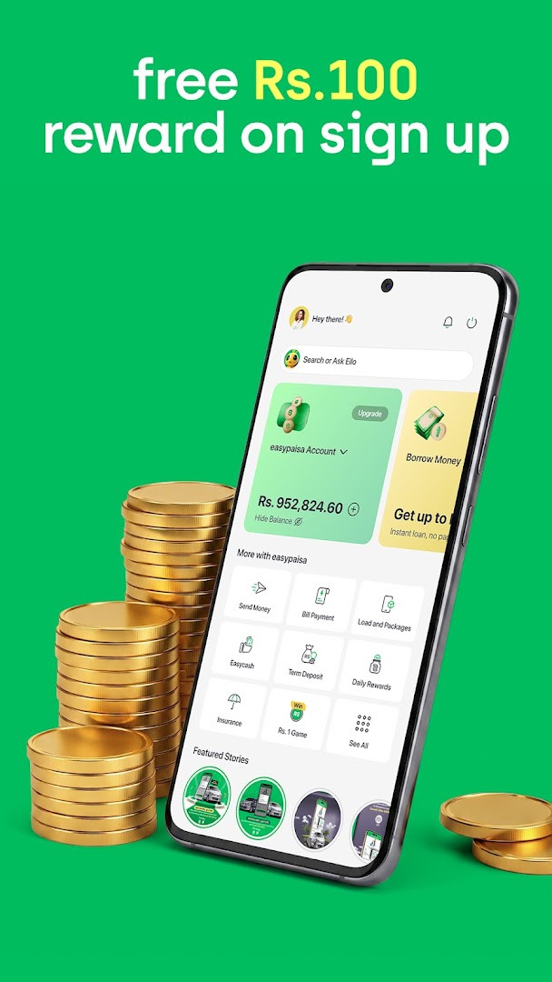 Home screen with account balance and quick actions for sending money and mobile load.
