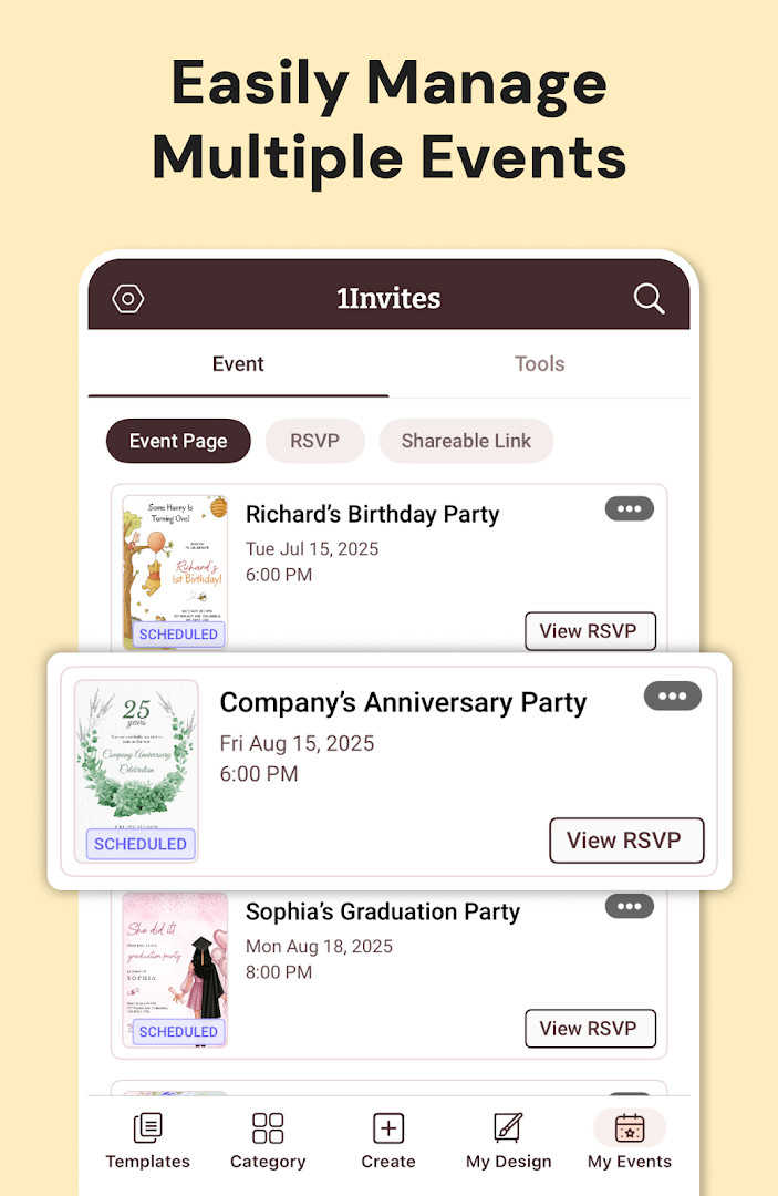 Printable invitation export screen with PDF and high-resolution download options