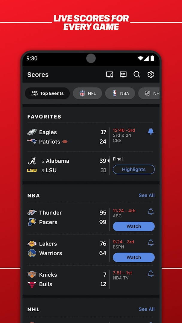 Team and league pages with related content and alerts for favorite sports