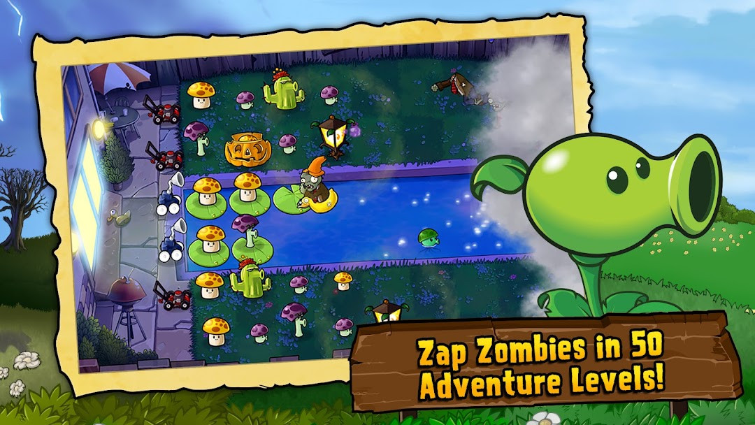 Screenshot of Plants vs. Zombies™ showing a daytime level with peashooters and sunflowers.