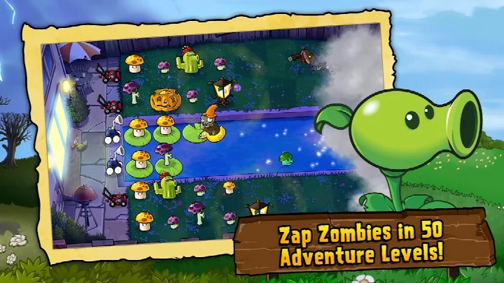 Screenshot of Plants vs. Zombies™ showing a daytime level with peashooters and sunflowers.