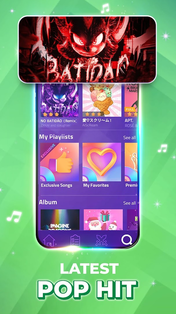 Gameplay view: black piano tiles cascading down a vibrant lane, fingers tapping notes.