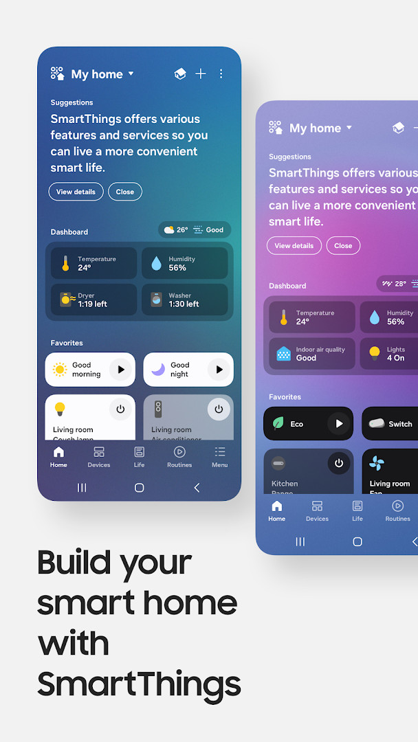 SmartThings home screen showing device cards and status