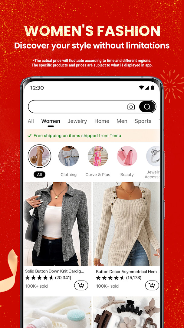 Temu category grid displaying clothing, shoes, handmade crafts, and cosmetics