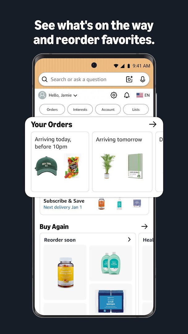 Amazon Shopping 'View in your room' feature using camera to preview furniture.