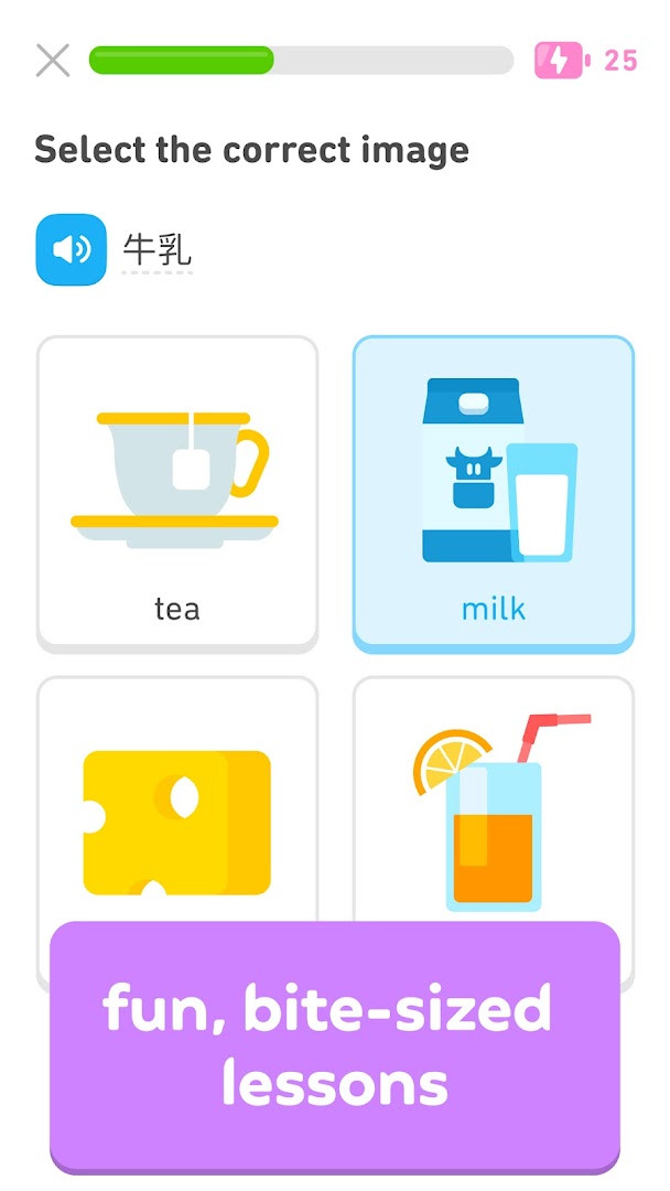Duolingo lesson screen with a multiple-choice question for practicing Spanish.
