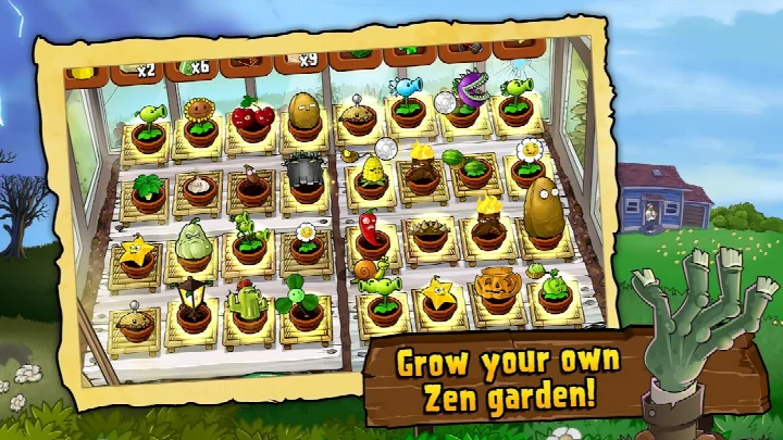 Screenshot of Plants vs. Zombies™ displaying a night level with mushrooms and a buckethead zombie.