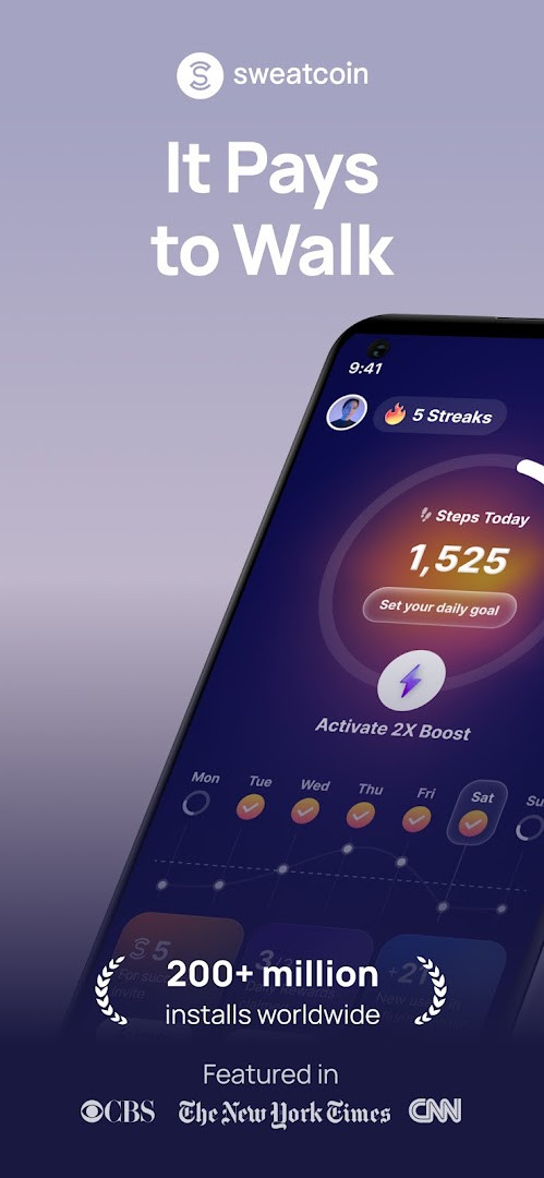 Home screen showing step count and sweatcoin balance with a progress ring.