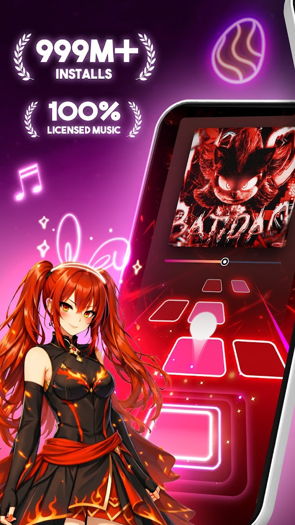 Gameplay screen showing a ball hopping along a path of glowing musical tiles synced to a beat.