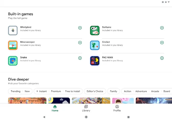 Google Play Games settings screen with account selection and sign-in options.
