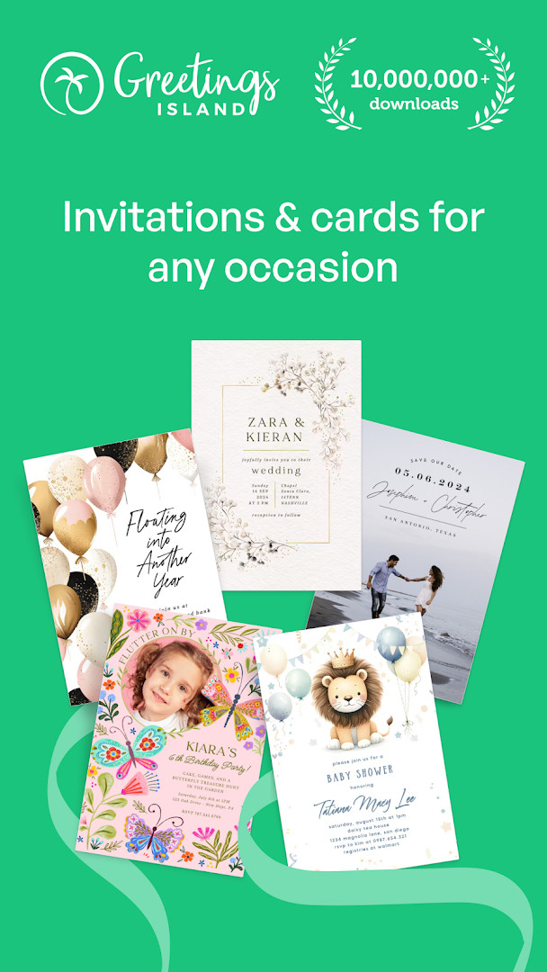 Home screen with a template gallery for weddings, birthdays, baby showers, and parties