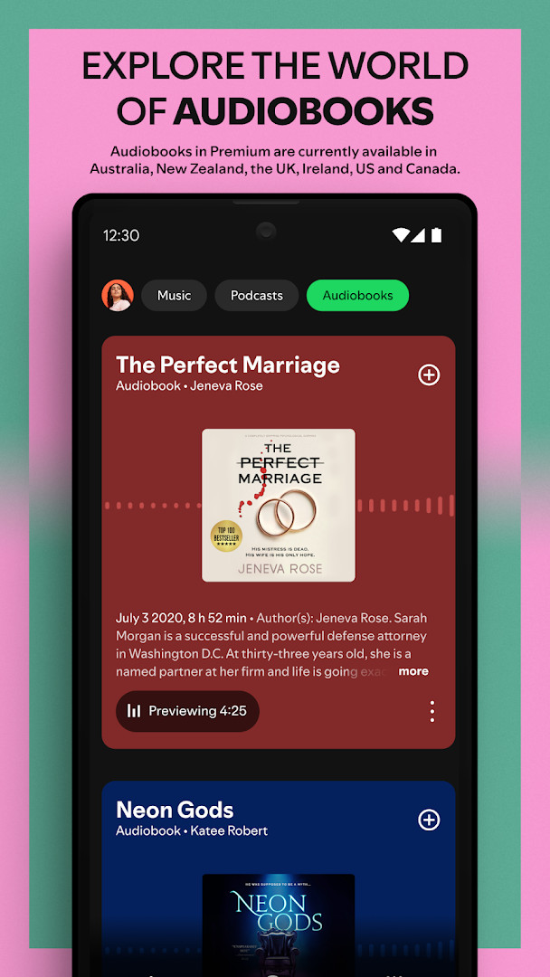 Spotify audiobook browsing screen in the app