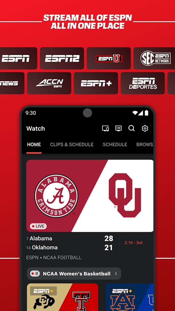 Home screen showing real-time scores and breaking sports news in the ESPN app