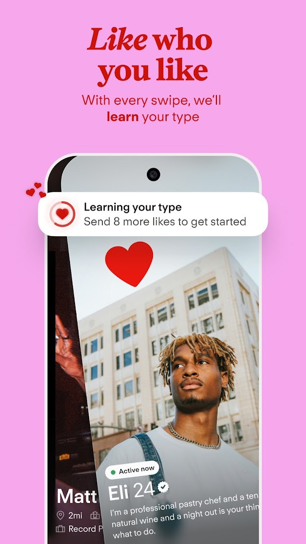 Tinder profile editing screen for adding photos, interests, and personality prompts.