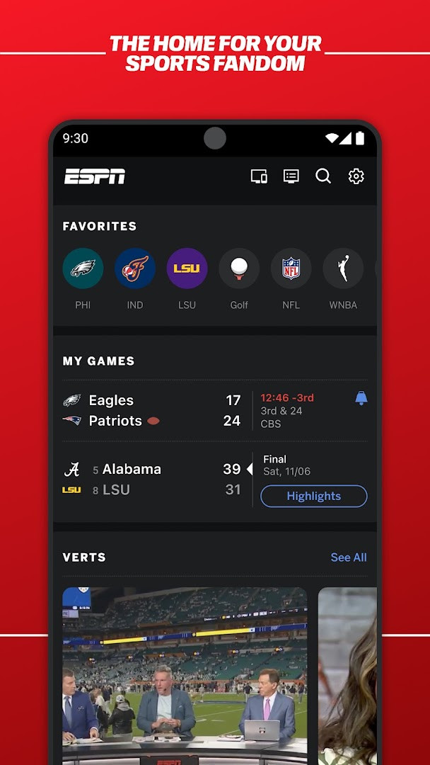 Live streaming interface with ESPN network content and current game playback