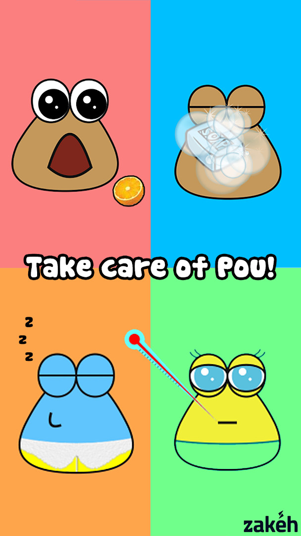 Pou main screen: your alien pet in a cozy room with food and care options.
