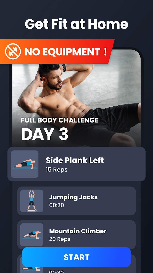 Home Workout - No Equipment progress chart with calories and workout time