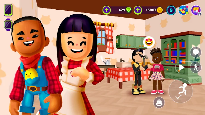 Virtual pet area showing a cute creature being fed and cared for by a player avatar.