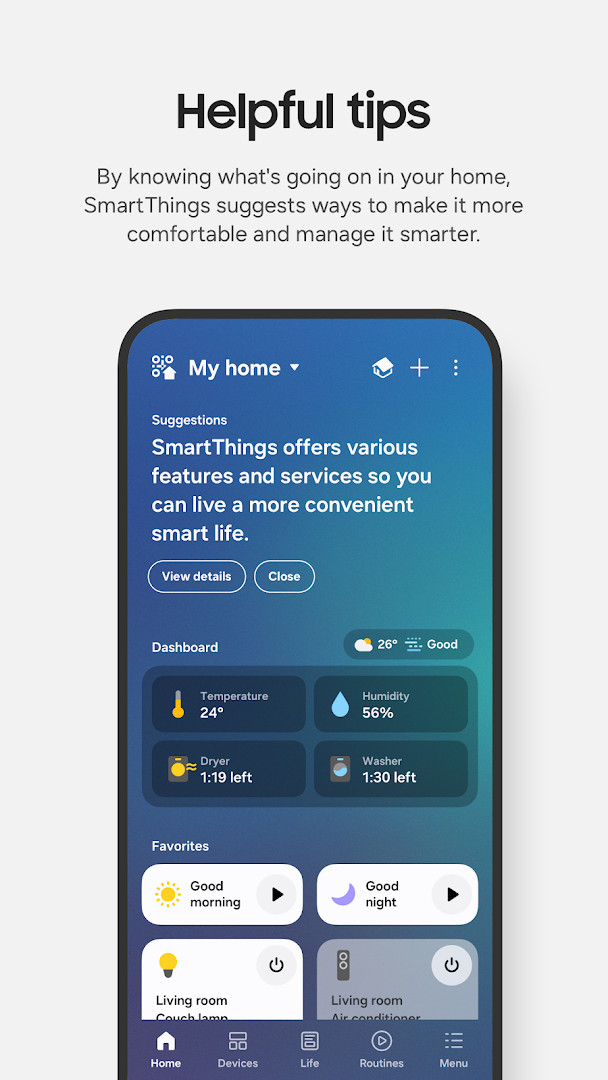 Device list with lights, thermostat, and locks controls