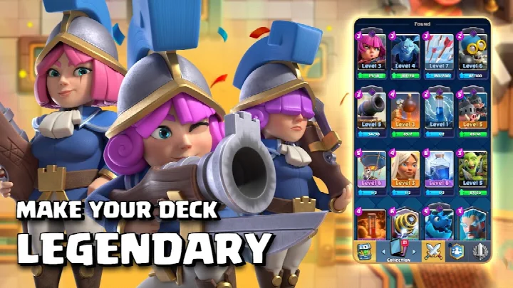 Clash Royale screenshot highlighting card collection and upgrade options