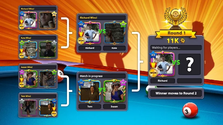 8 Ball Pool settings menu with controls, sound, and account adjustments