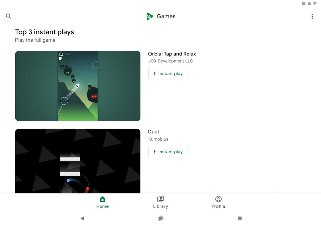 Google Play Games built-in games screen featuring Solitaire, Minesweeper, Snake, and PAC-MAN.