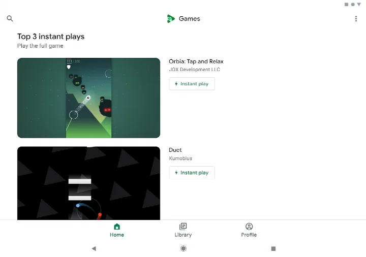 Google Play Games built-in games screen featuring Solitaire, Minesweeper, Snake, and PAC-MAN.