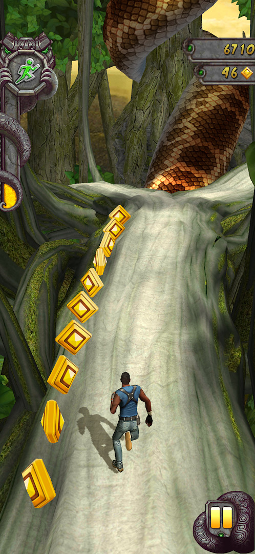 Temple Run 2: jumping over a gap on a cliff with a zipline below.