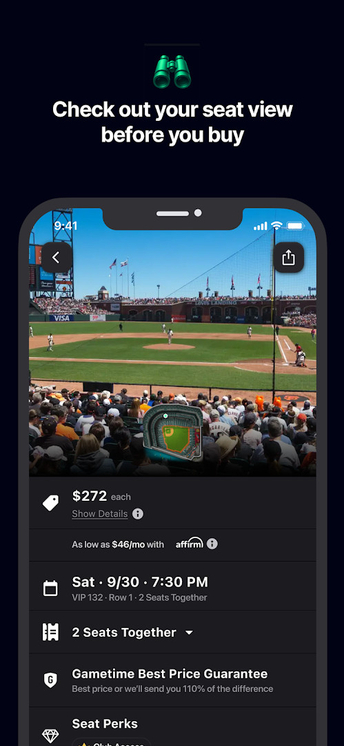 Event ticket listing with all fees already included in the price