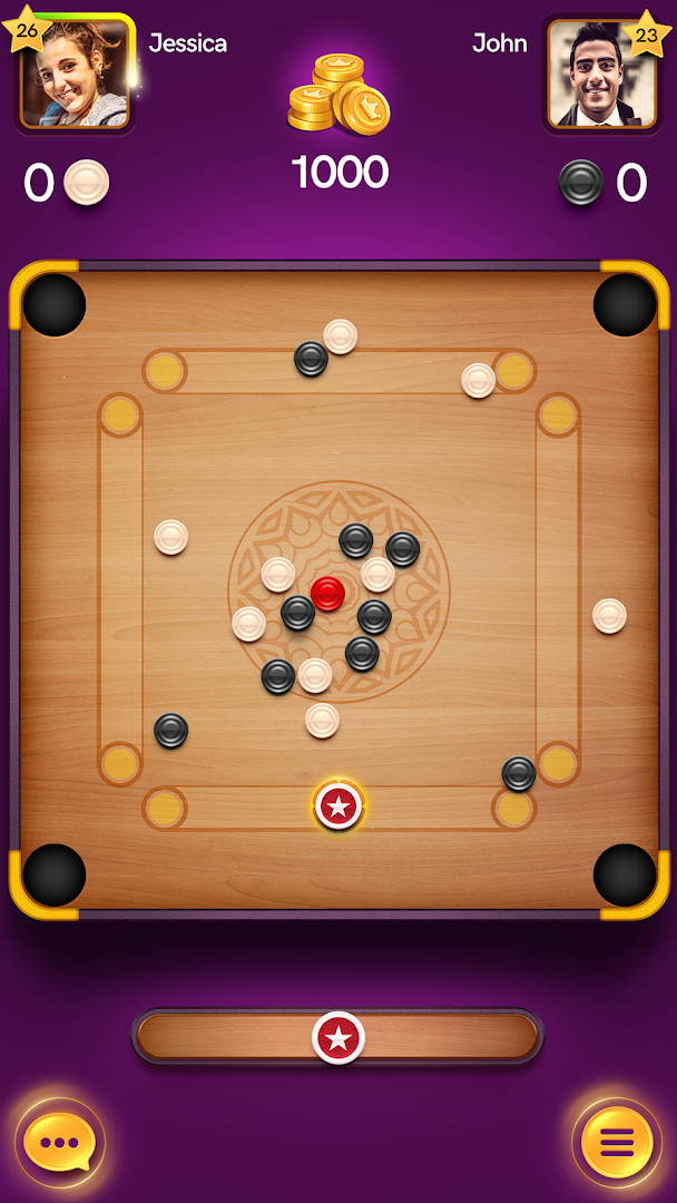 Carrom board match in progress with pieces and striker positioned