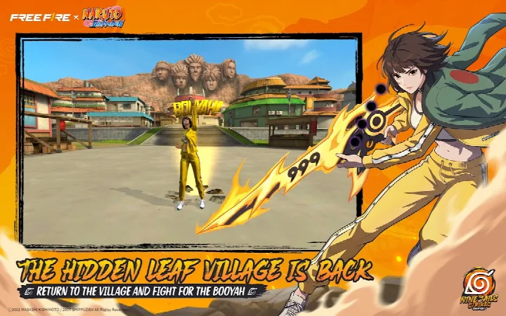 Ninja Academy courtyard with Hidden Leaf Village backdrop
