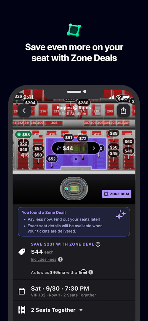 Simple two-step checkout screen for completing a ticket purchase