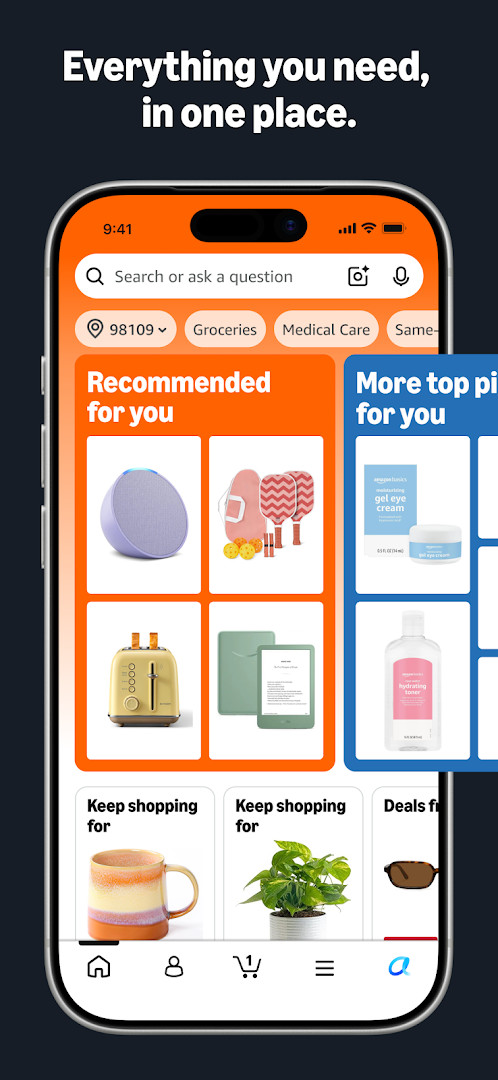 Amazon Shopping home screen showing product categories and search bar.
