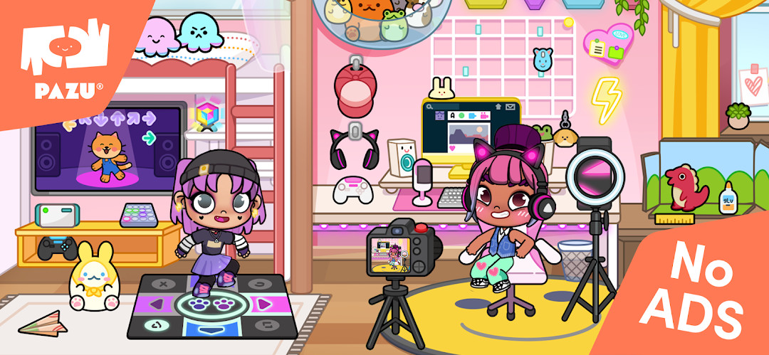 Avatar World screenshot showing avatar customization with outfits, hairstyles, and accessories.