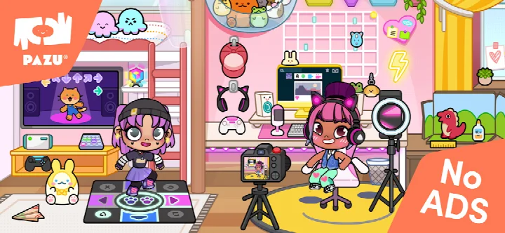 Avatar World screenshot showing avatar customization with outfits, hairstyles, and accessories.