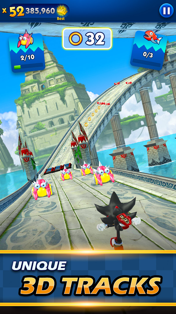 Gameplay shows Sonic jumping over obstacles in a lush 3D environment.
