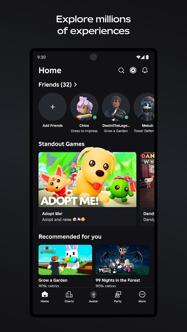 Roblox app main screen showing a grid of game thumbnails and the player's avatar.