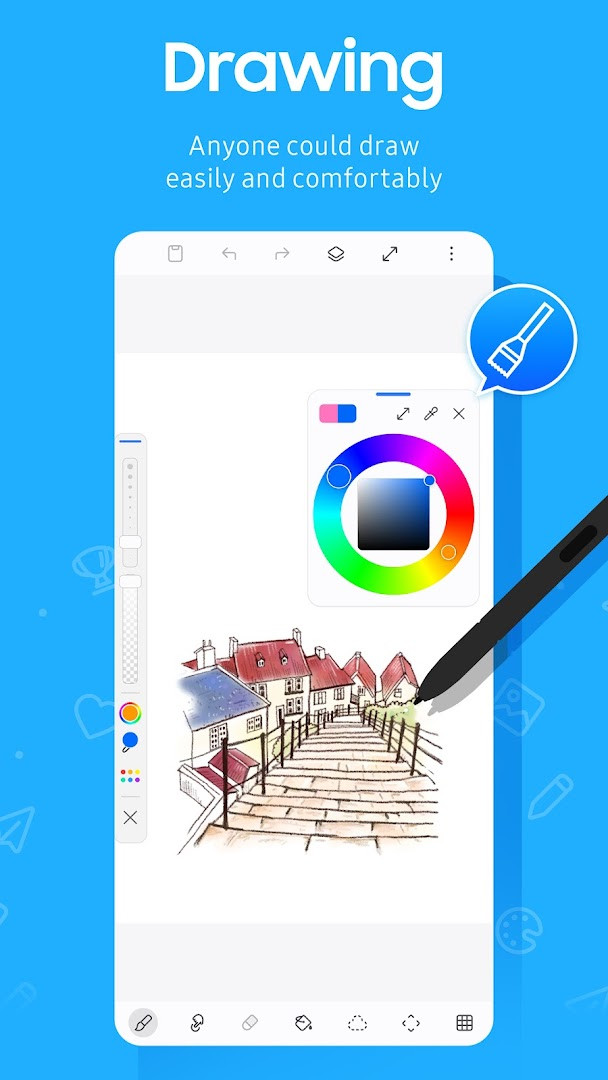 PENUP drawing canvas with brush tools for sketching and coloring.