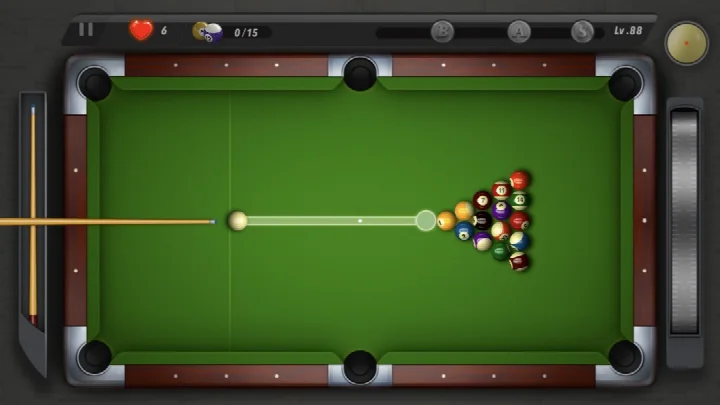 Pooking - Billiards City gameplay with 8-ball rack and player aiming cue.