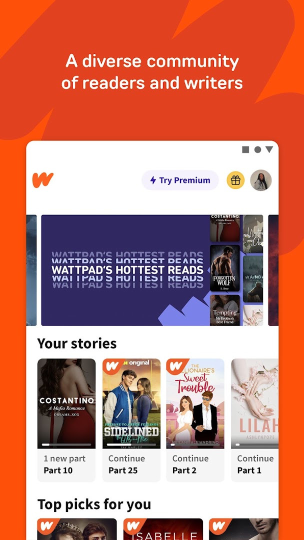 Wattpad reading view showing a story page with comment and voting controls below