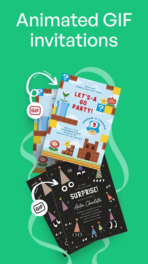 RSVP setup screen with fields for dress code, parking, and gift details