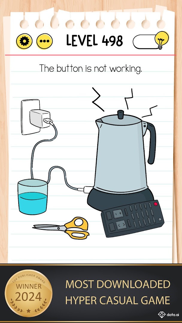 Brain Test: Tricky Puzzles main screen with a character facing a brain teaser question
