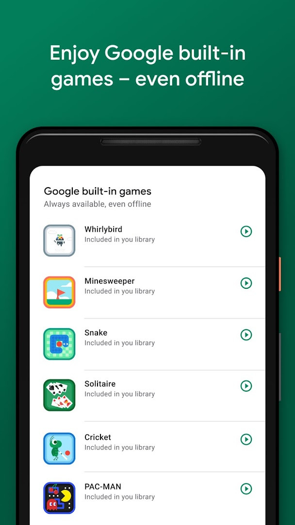 Google Play Games instant play screen with a play button and no installation required.