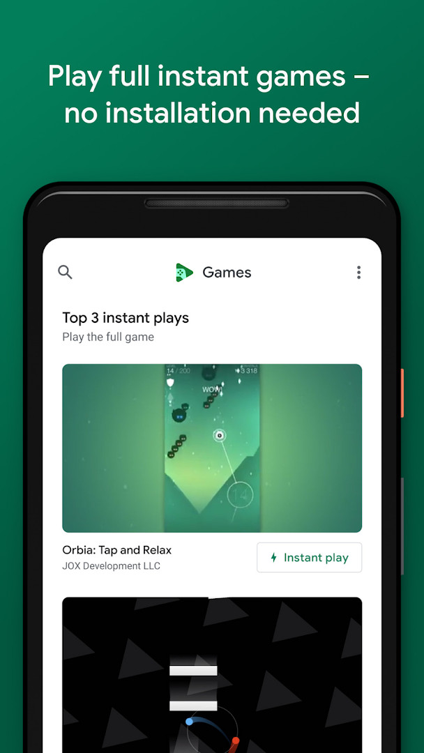 Google Play Games home screen showing game recommendations and categories.