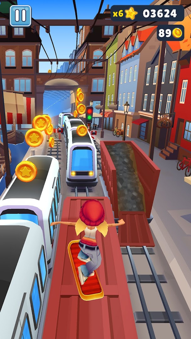 Subway Surfers jetpack flight with a paint trail sweeping over the city