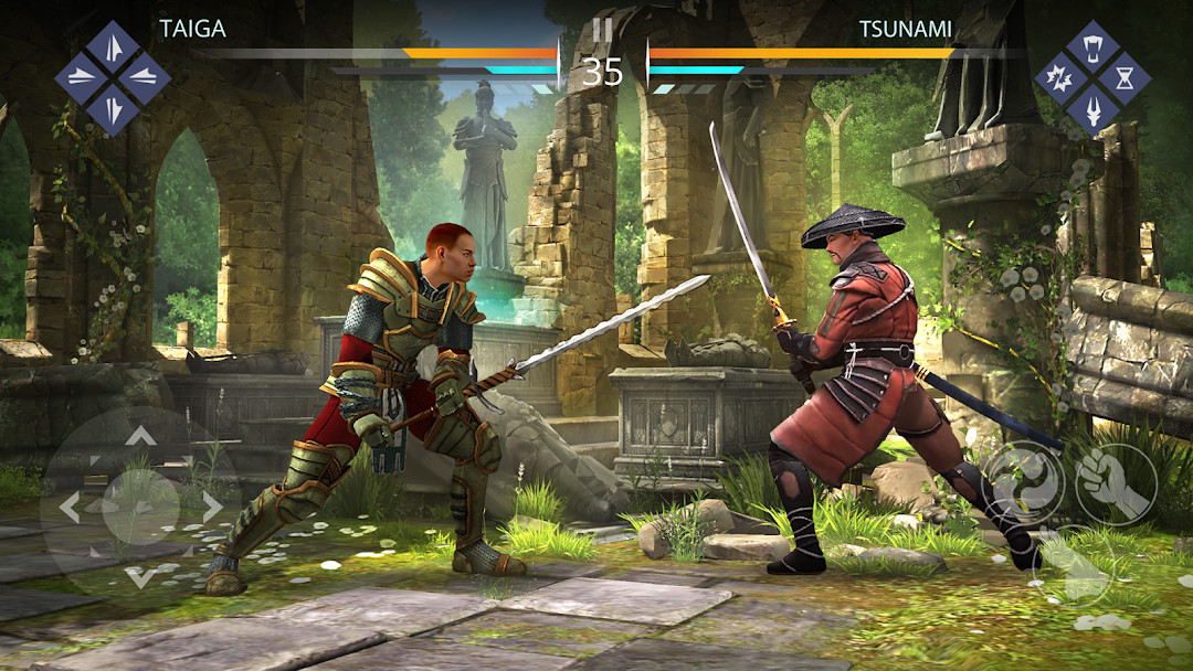 Shadow Fight 3 - RPG fighting screenshot showing a 3D battle between a knight and a ninja with realistic combat animations