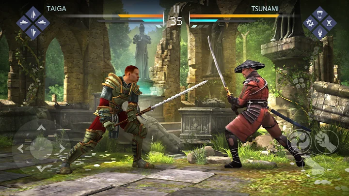 Shadow Fight 3 - RPG fighting screenshot showing a 3D battle between a knight and a ninja with realistic combat animations