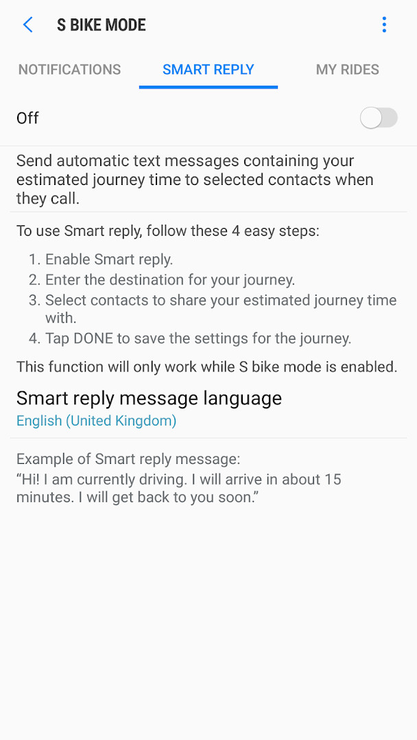 S bike mode Smart reply setup for choosing a destination and contacts to notify